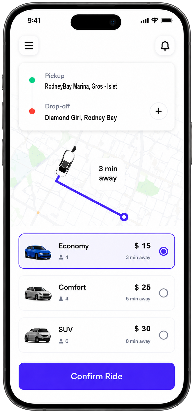 iSERVU app showing an active ride route and vehicle options